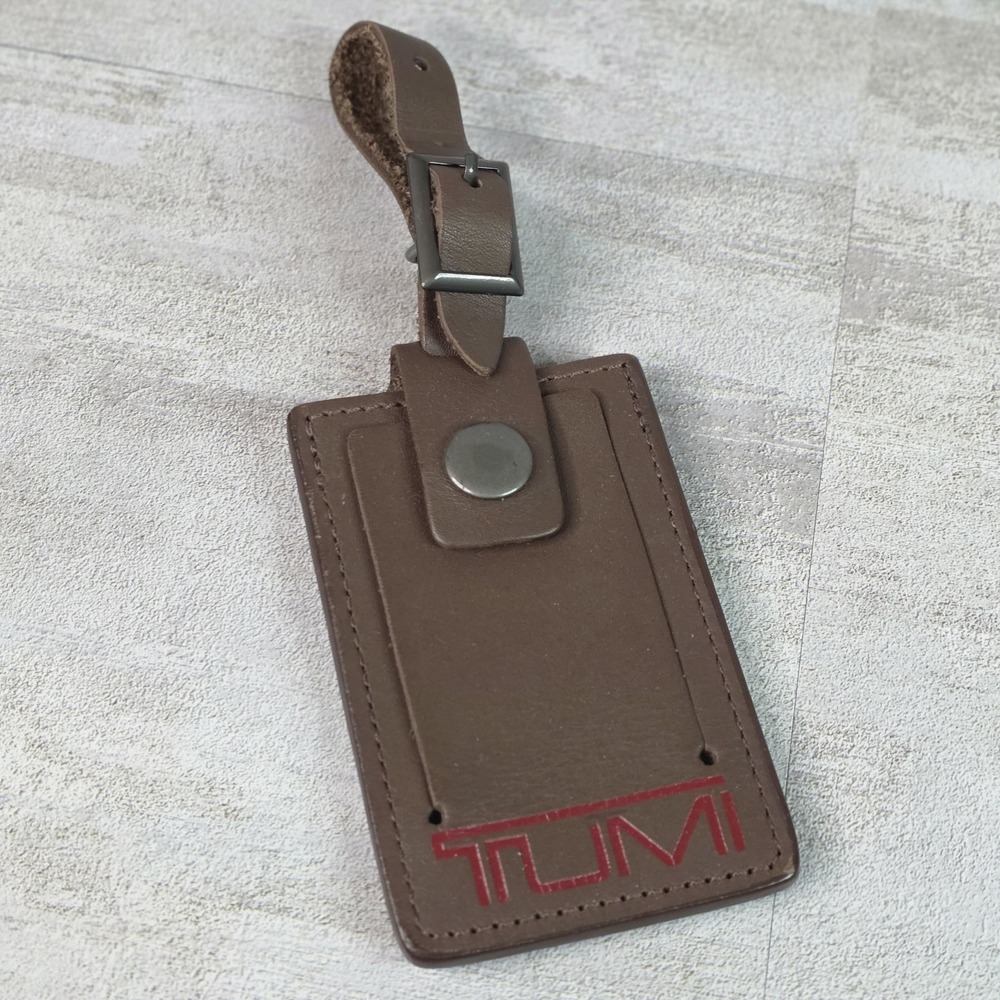 TUMI Leather Alpha 3 Large Luggage Tag Dark Brown Logo Travel ID Holder Strap